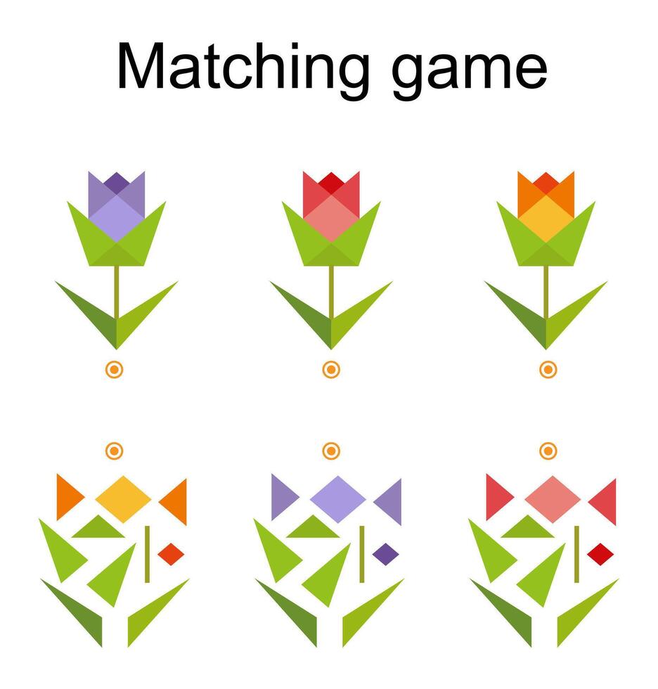 Matching game for kids. Find the correct color of cartoon rose and match. vector