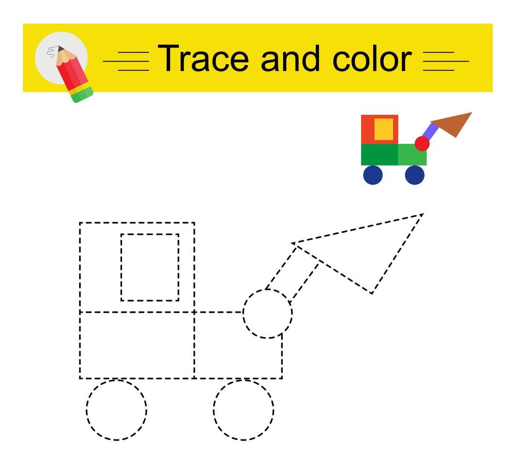 Trace and color for children. Preschool worksheet for practicing fine motor skills. Cartoon excavator. vector