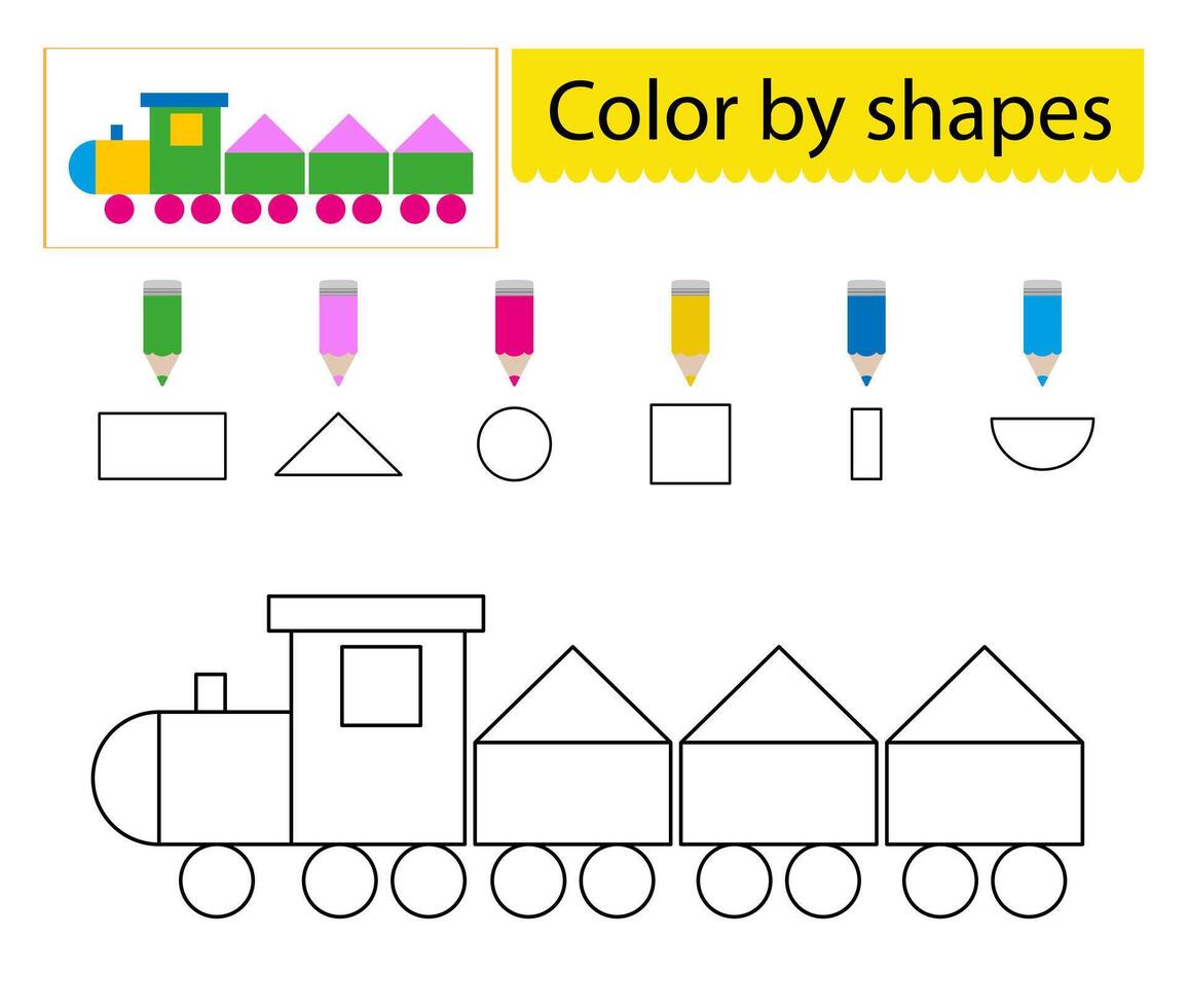 Coloring pages. Color by shapes. Illustration for children education. Cartoon train. vector