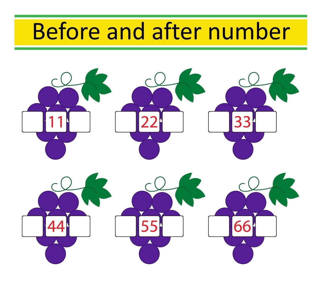 What comes Before and After. Math worksheets for kids. Number range up to 70. vector