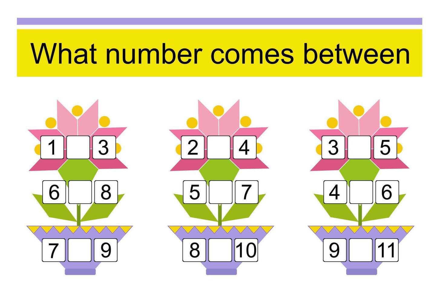 What number comes between Math worksheets for children. Cartoon flowers. vector