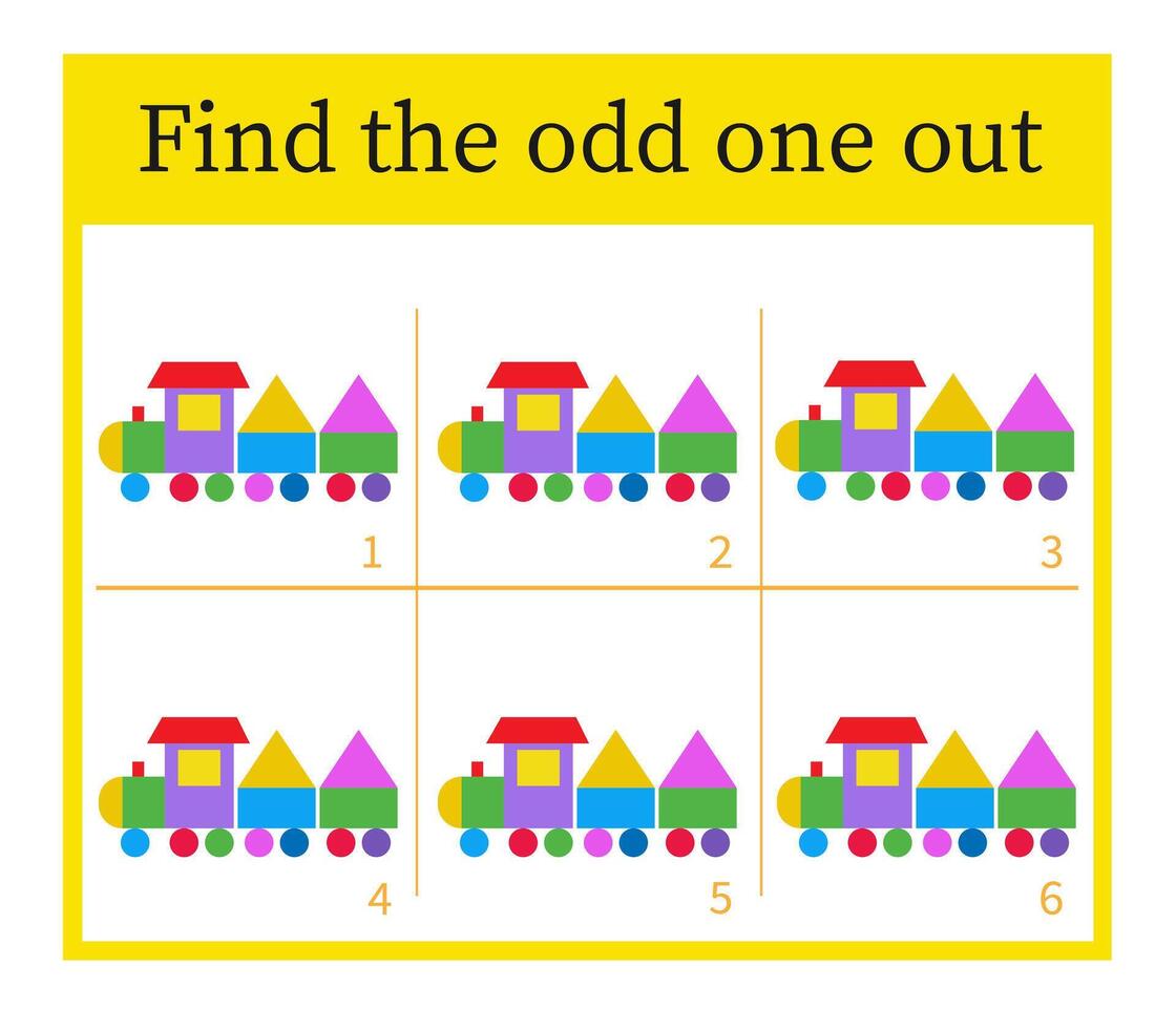Puzzle game for children. Attention task. Kids activity page. Cartoon train. Answer is 3. vector