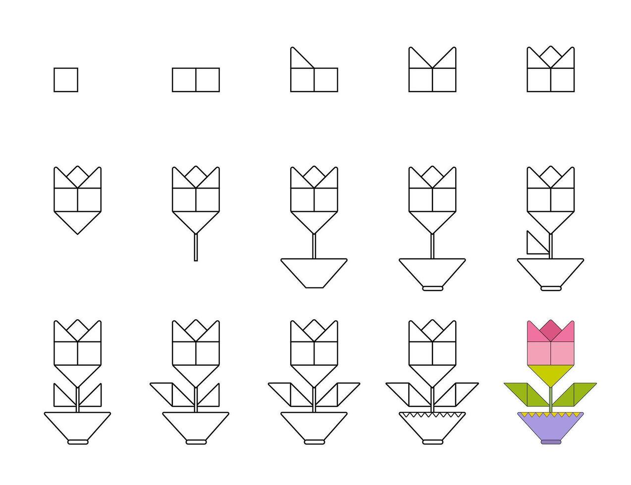 How to draw step by step Worksheet easy guide to drawing cartoon flower rose. vector