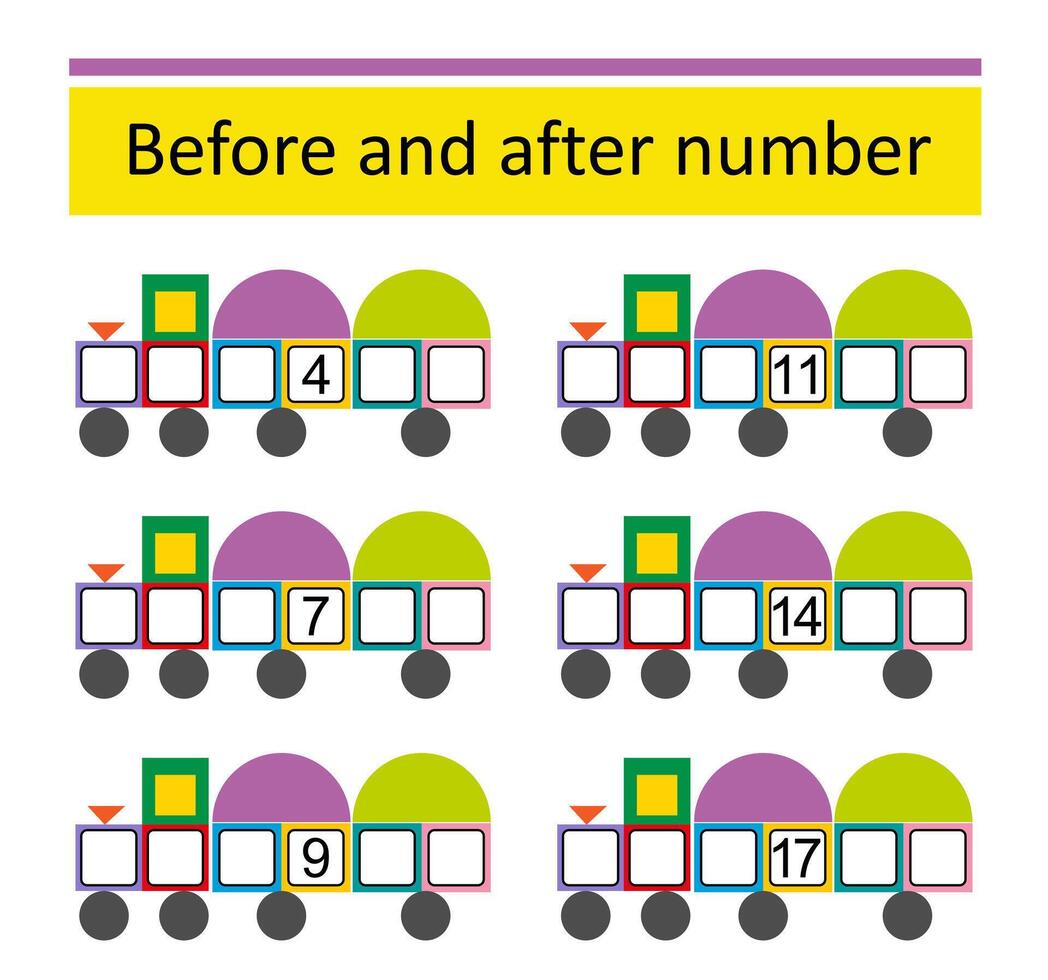 What comes Before and After. Math worksheets for kids. illustration of cartoon train. vector