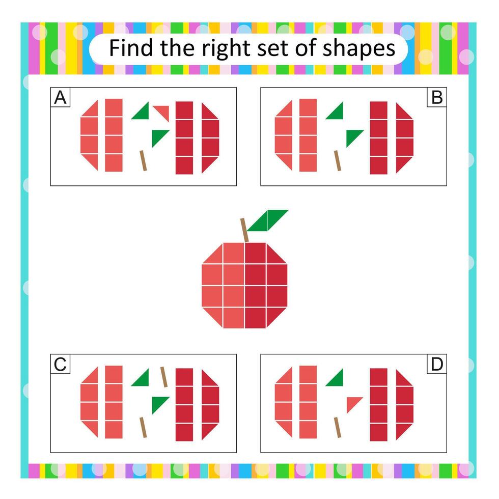 Puzzle for kids. Attention task. Find the correct set of cartoon apple. Answer is B. vector