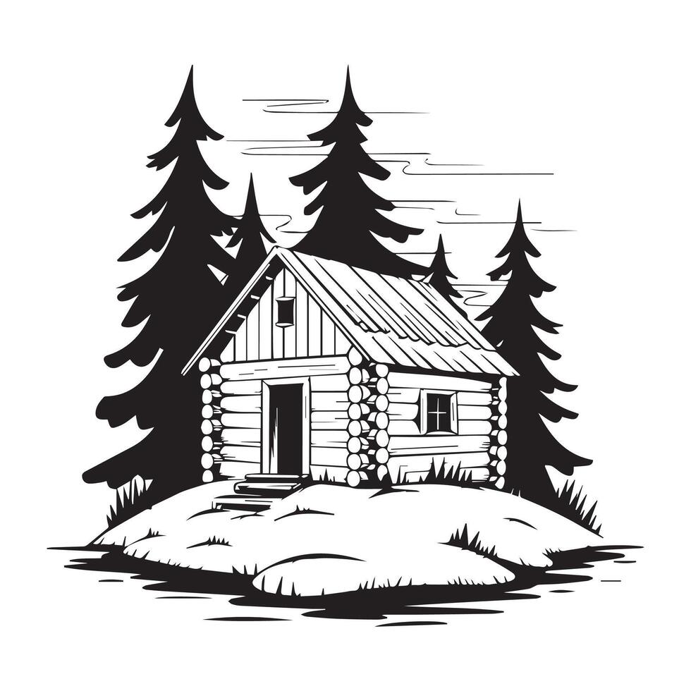 Wood Cabin Surrounded by Trees vector