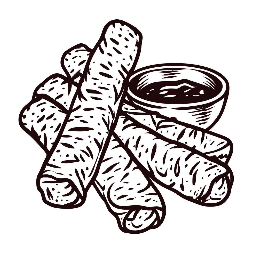 Hand drawn of crispy rolled tacos with a side dipping sauce vector