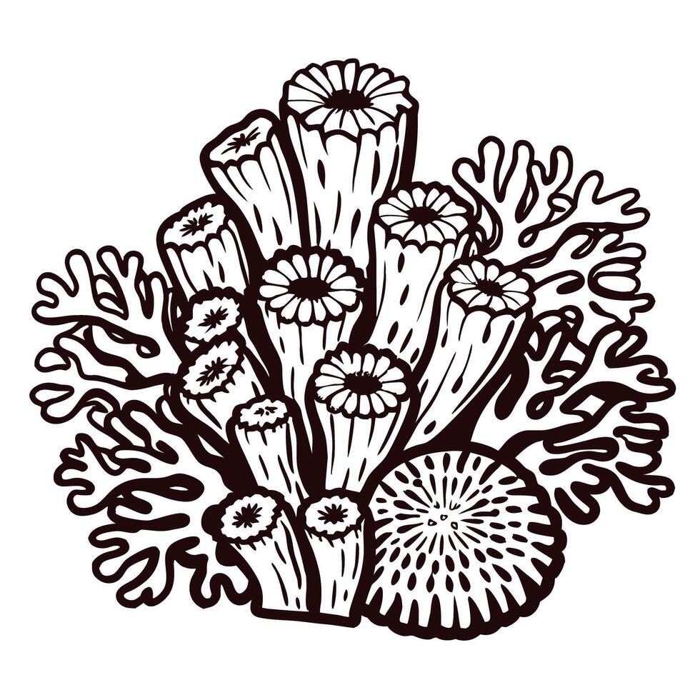 Detailed black and white coral featuring various marine shapes and textures vector