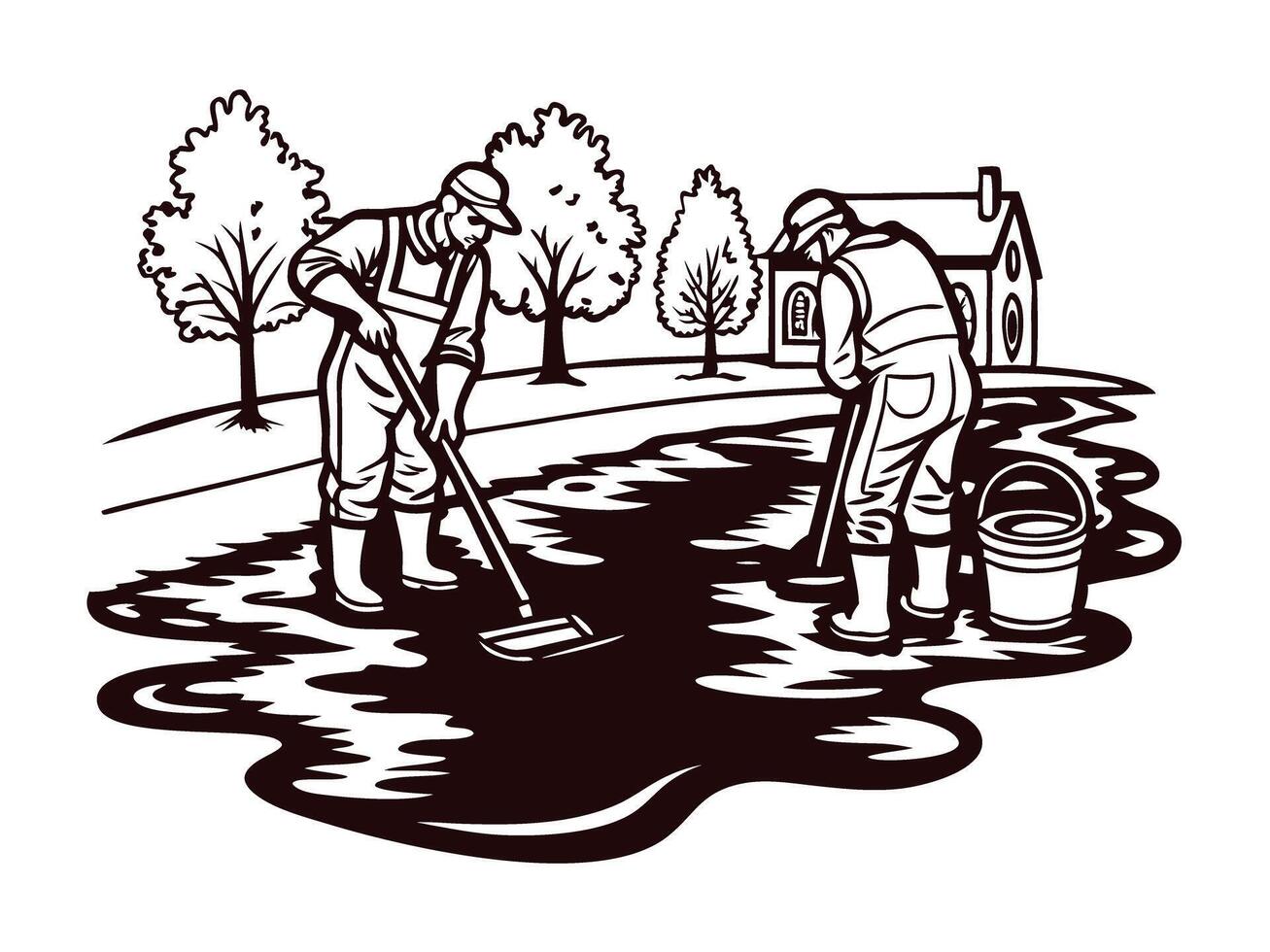 Two caucasian men working on road paving with tools in rural area vector