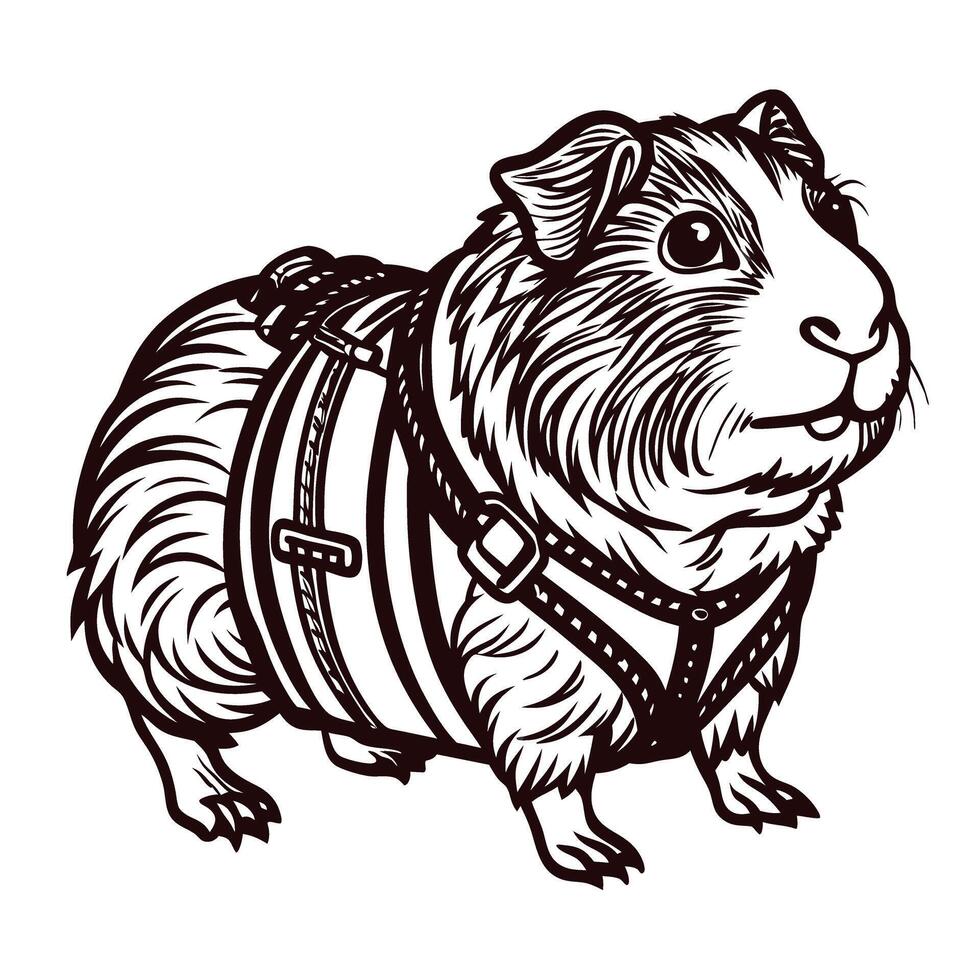 Guinea pig in harness displayed in detailed line art vector