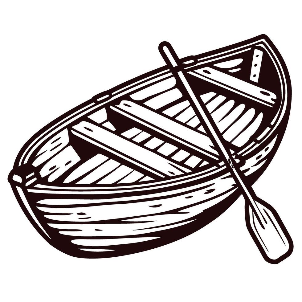 Vintage rowboat with single oar illustrated in black and white on white background vector