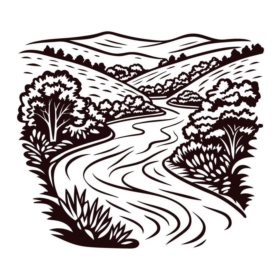 Scenic river flowing through rolling hills and lush trees in black and white nature art vector