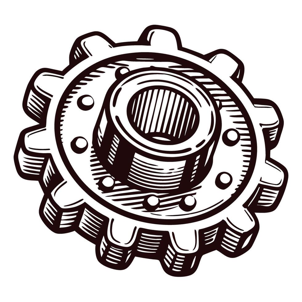 Intricate gear with crosshatch design in black and white vector