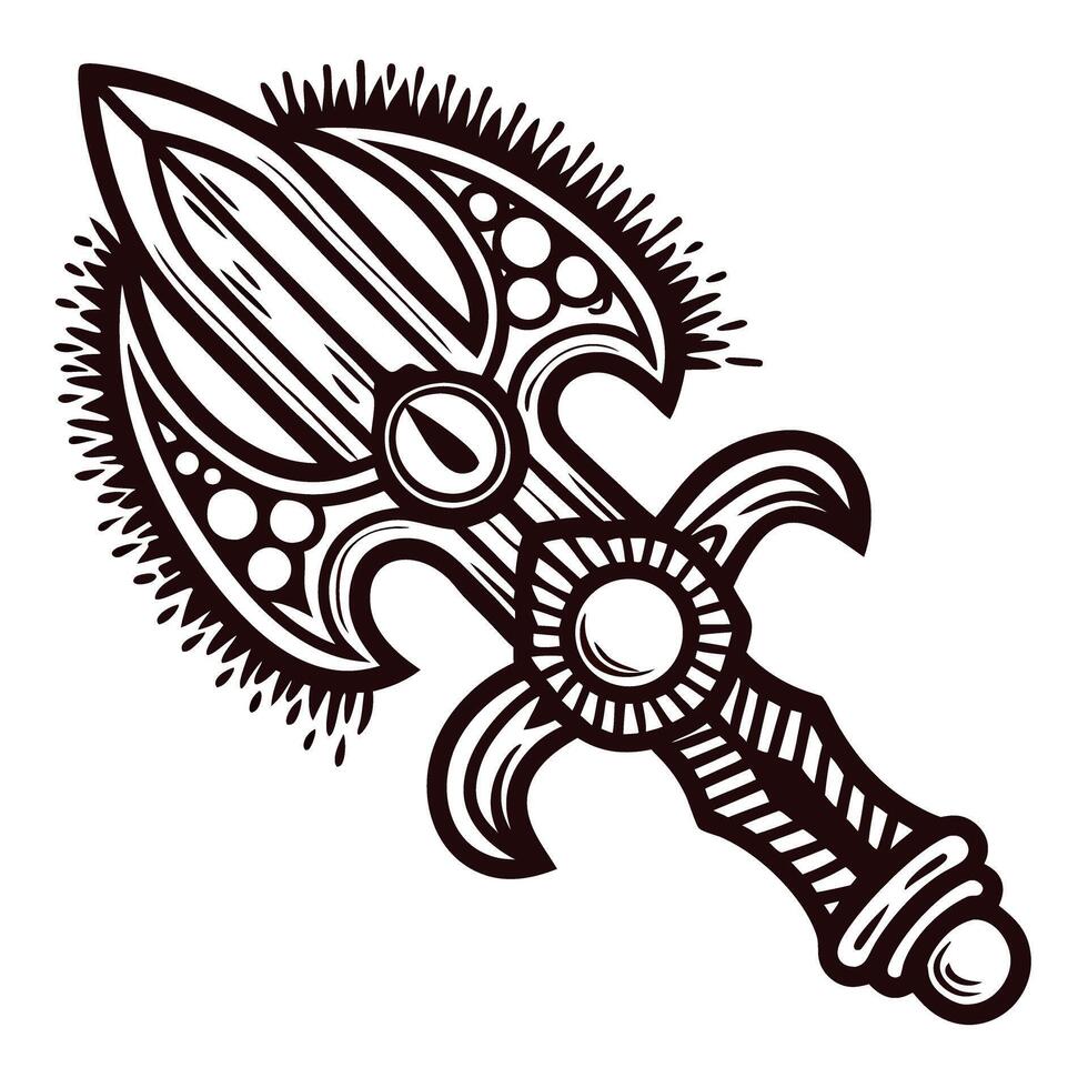 Ornate tribal sword with intricate patterns and symbolic design elements vector