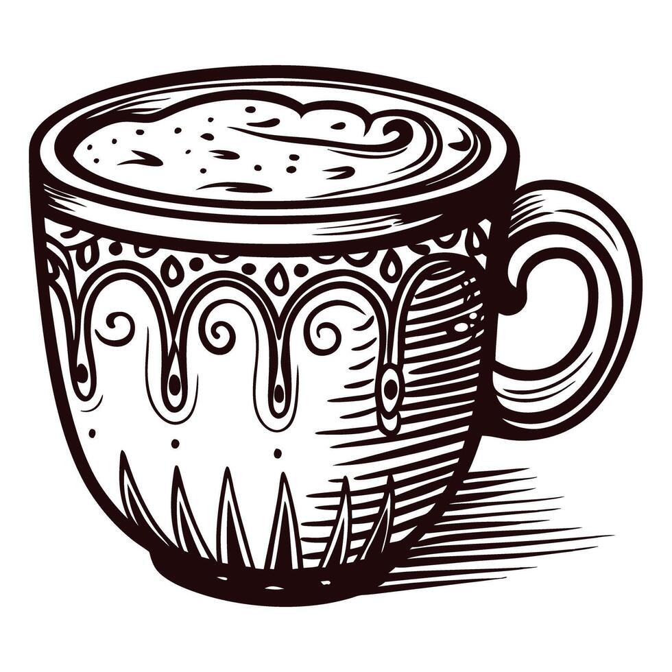 Ornate coffee cup with intricate patterns and foamy drink in black and white sketch vector