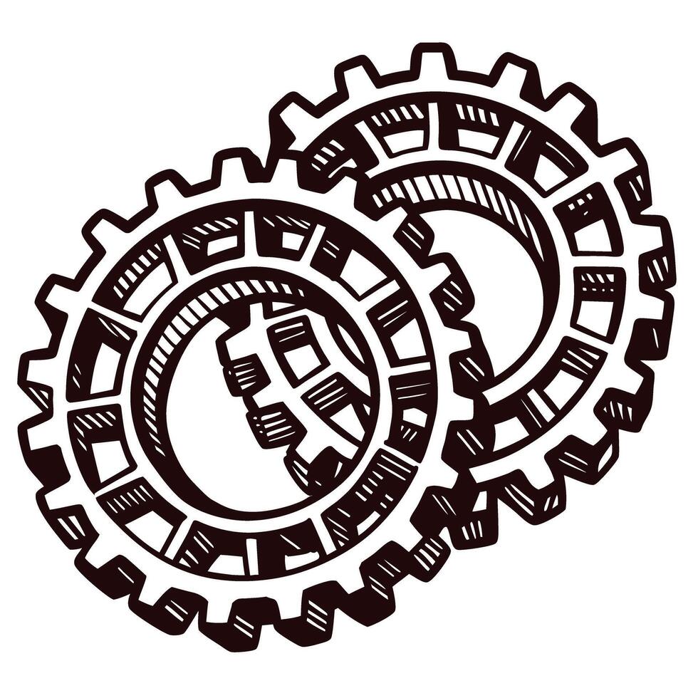 Intricate mechanical gears interlocked in detailed engraving vector