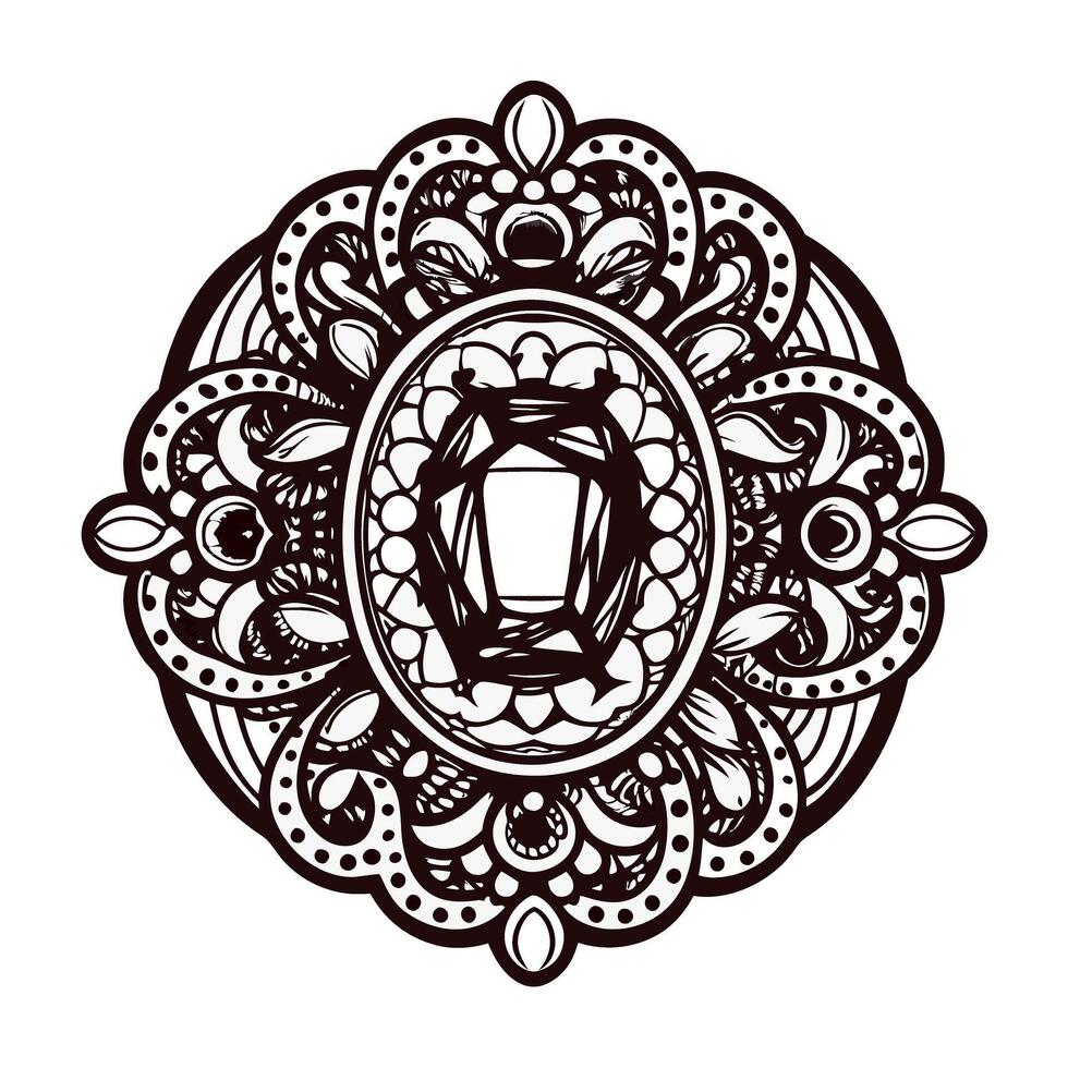 Intricate black and white mandala design with symmetrical patterns and central gem motif vector