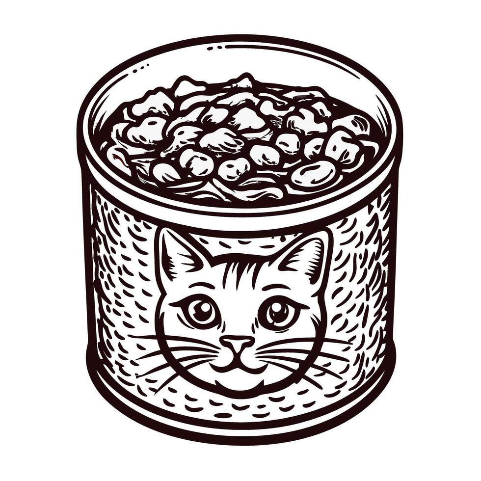 Illustrated cat food can with cat face and chunky contents vector