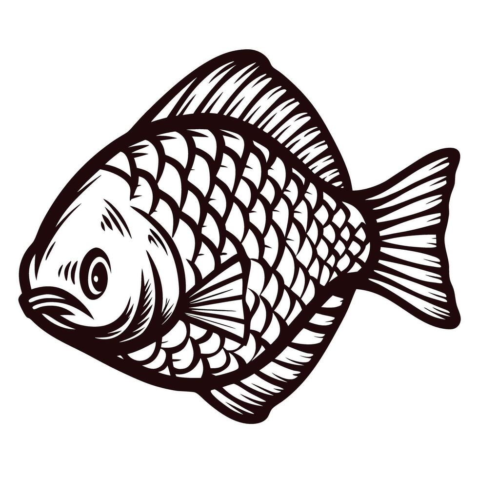 Line art fish with detailed scales and fins in vintage vector