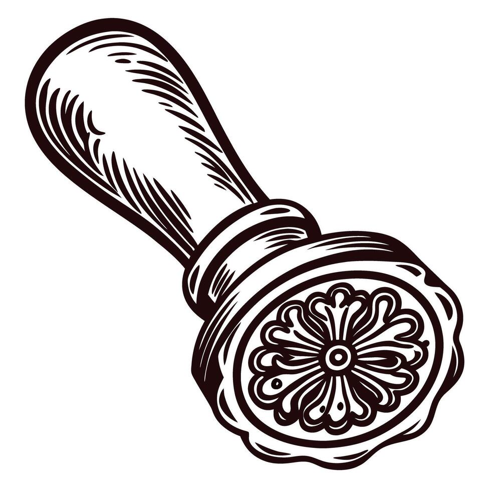 Vintage wax seal stamp with ornate floral design handle in woodcut vector
