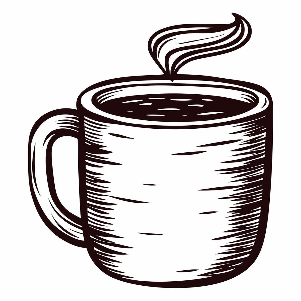 Stylized coffee mug with steam in black and white line art design vector