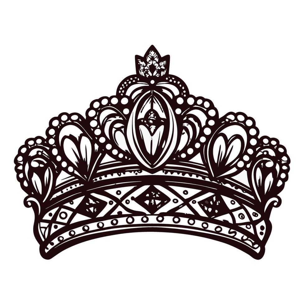 Ornate royal crown with intricate design and jewel details in black and white vector