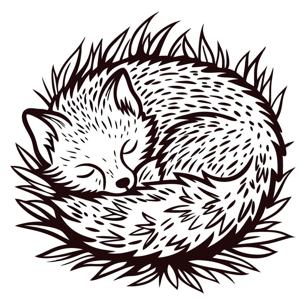 of a sleeping fox in a cozy nest of grass vector