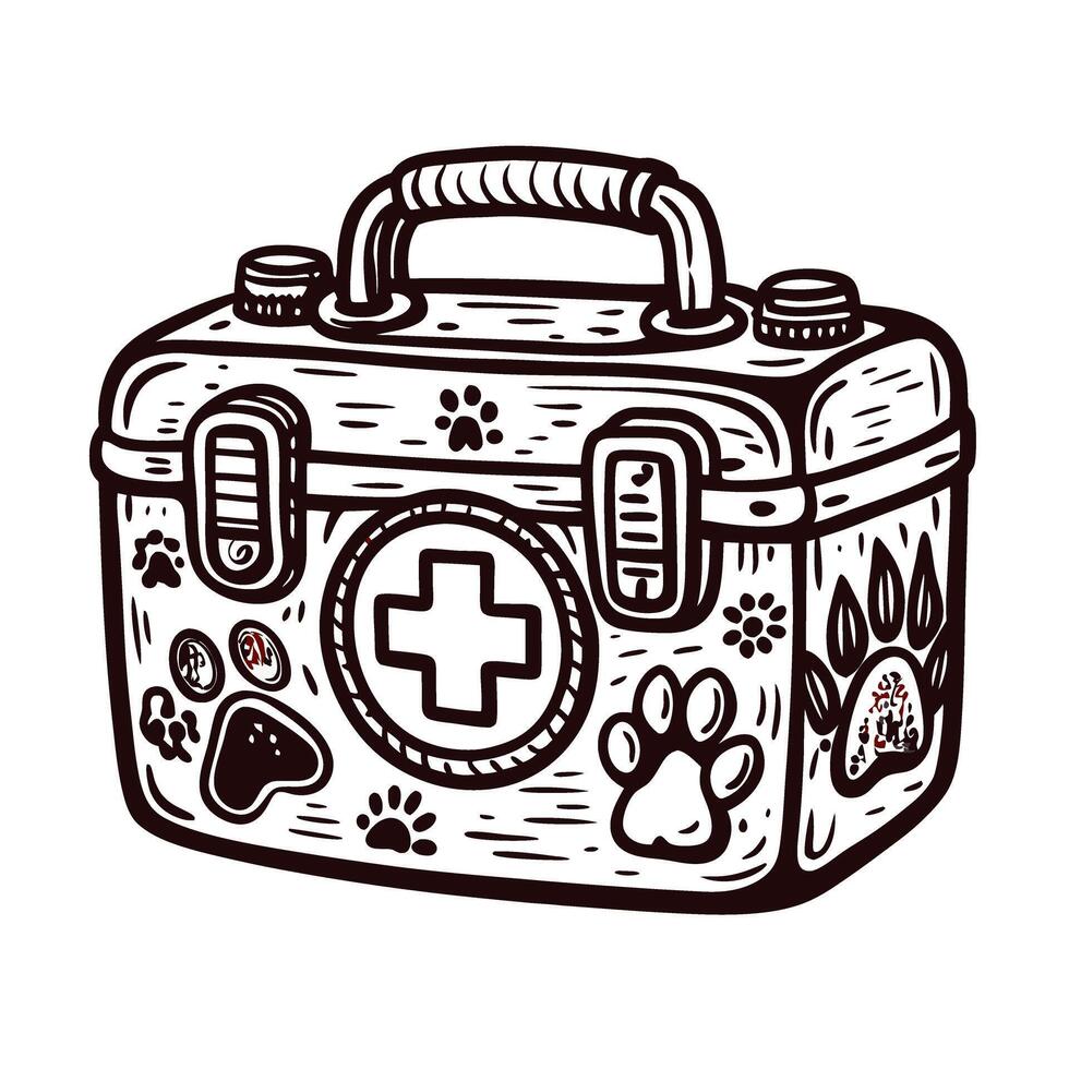 Animal themed first aid kit with paw prints and medical cross design vector