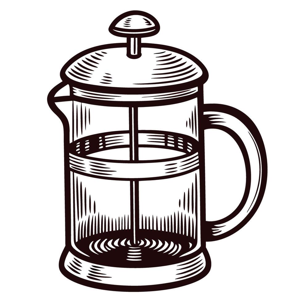 Vintage french press coffee maker sketch with detailed lines and classic design vector
