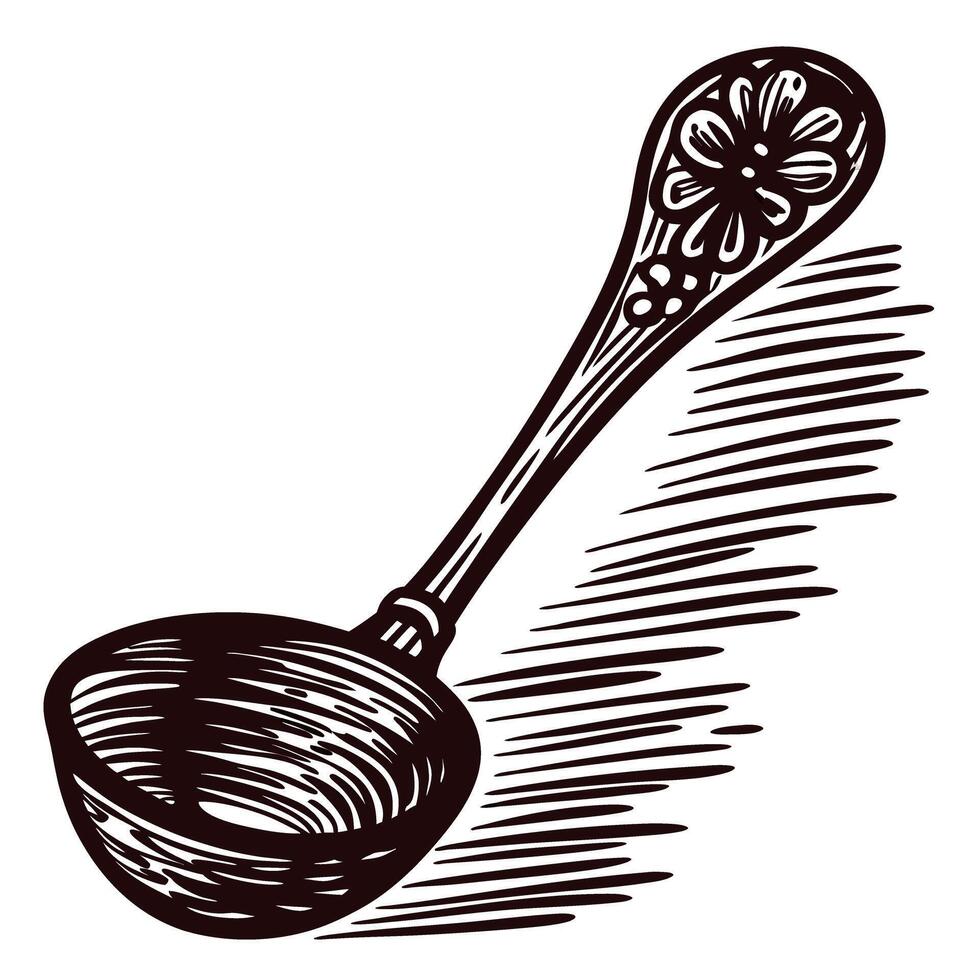 Ornate vintage ladle with floral design and wooden handle in black and white engraving vector