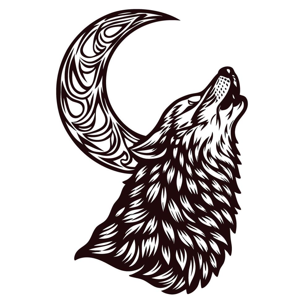 Stylized wolf howling with ornate crescent moon in monochrome design vector