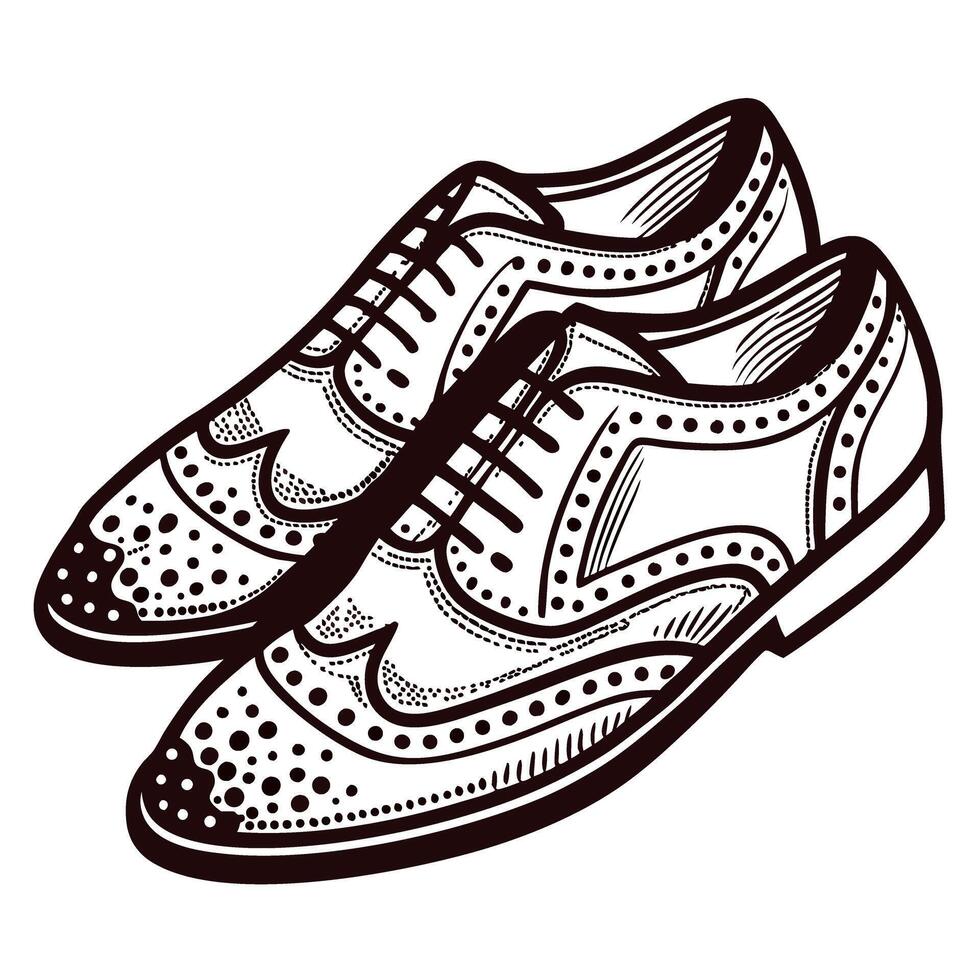 Classic brogue dress shoes with intricate detailing in black and white drawing vector