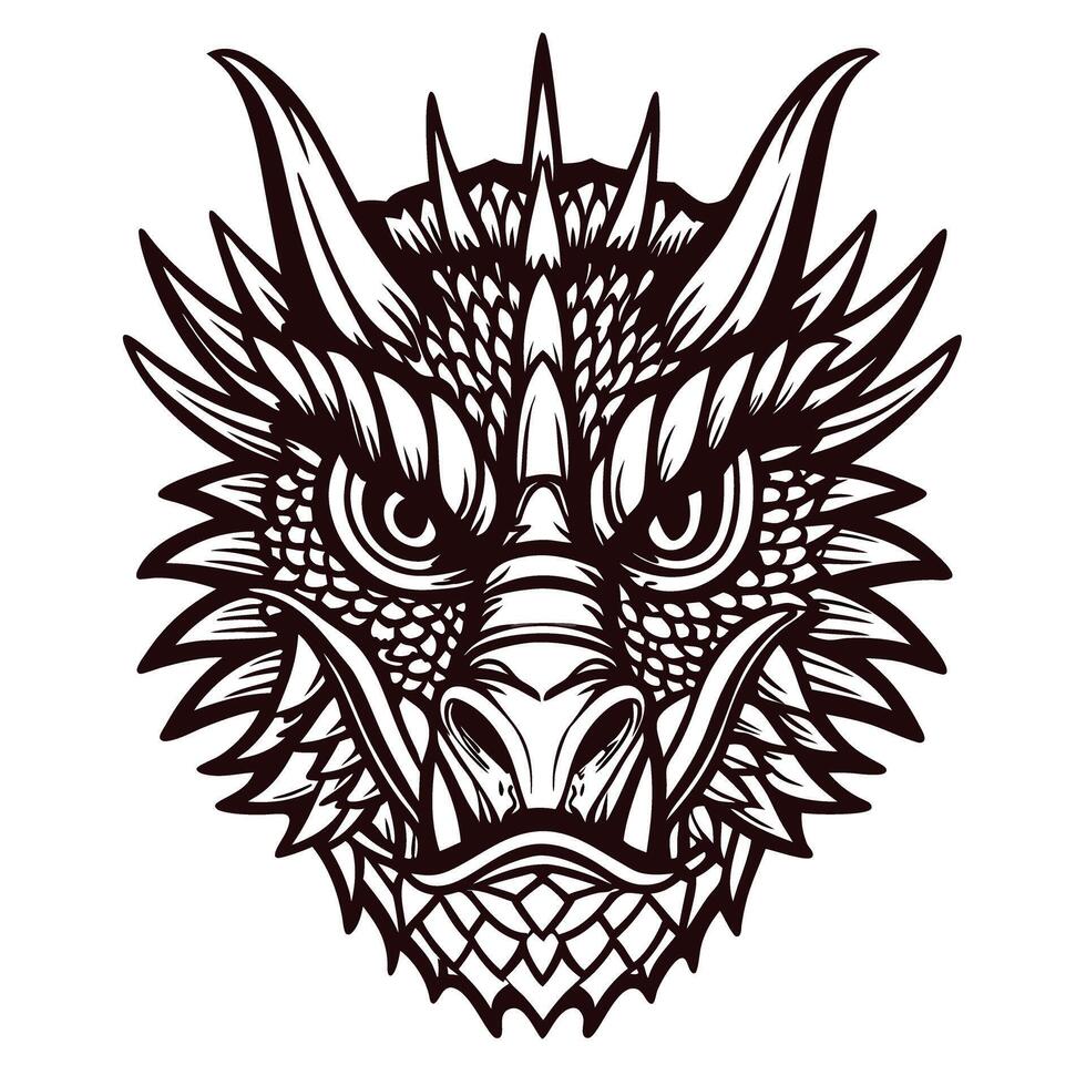 Intricately detailed black and white dragon head with fierce expression vector