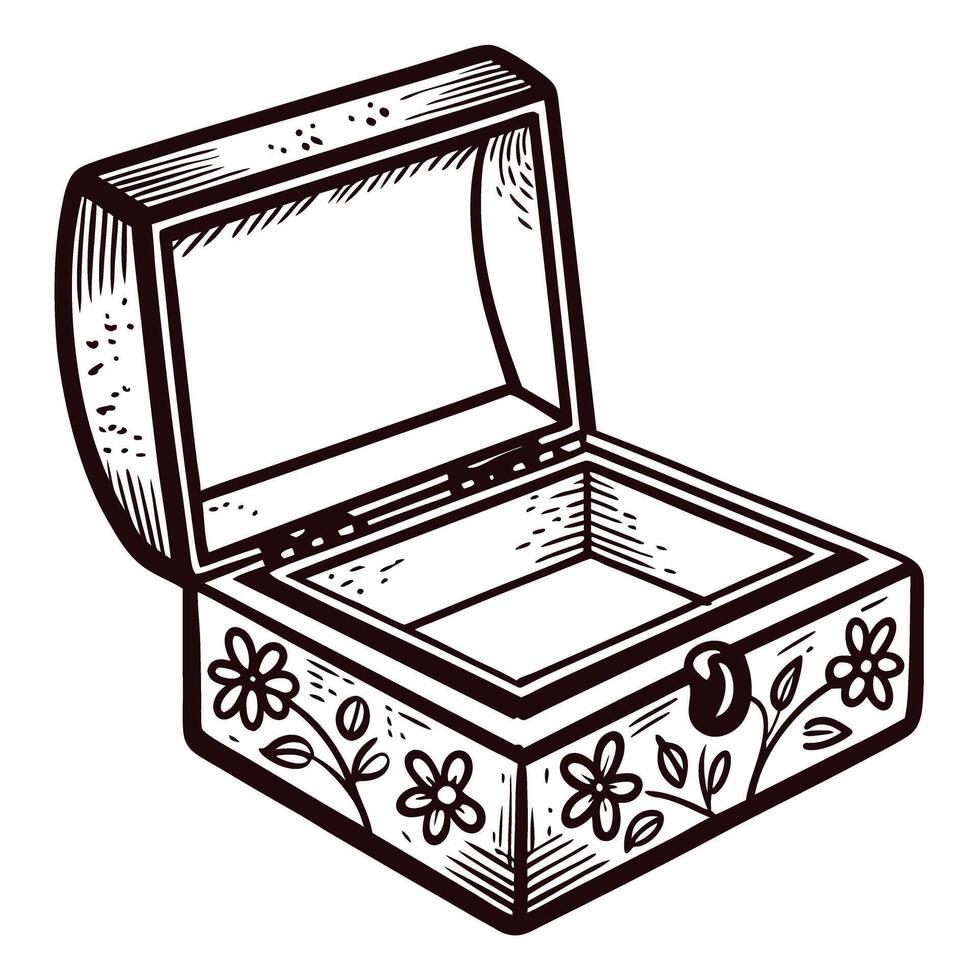 Intricately designed open jewelry box with floral pattern and latch vector