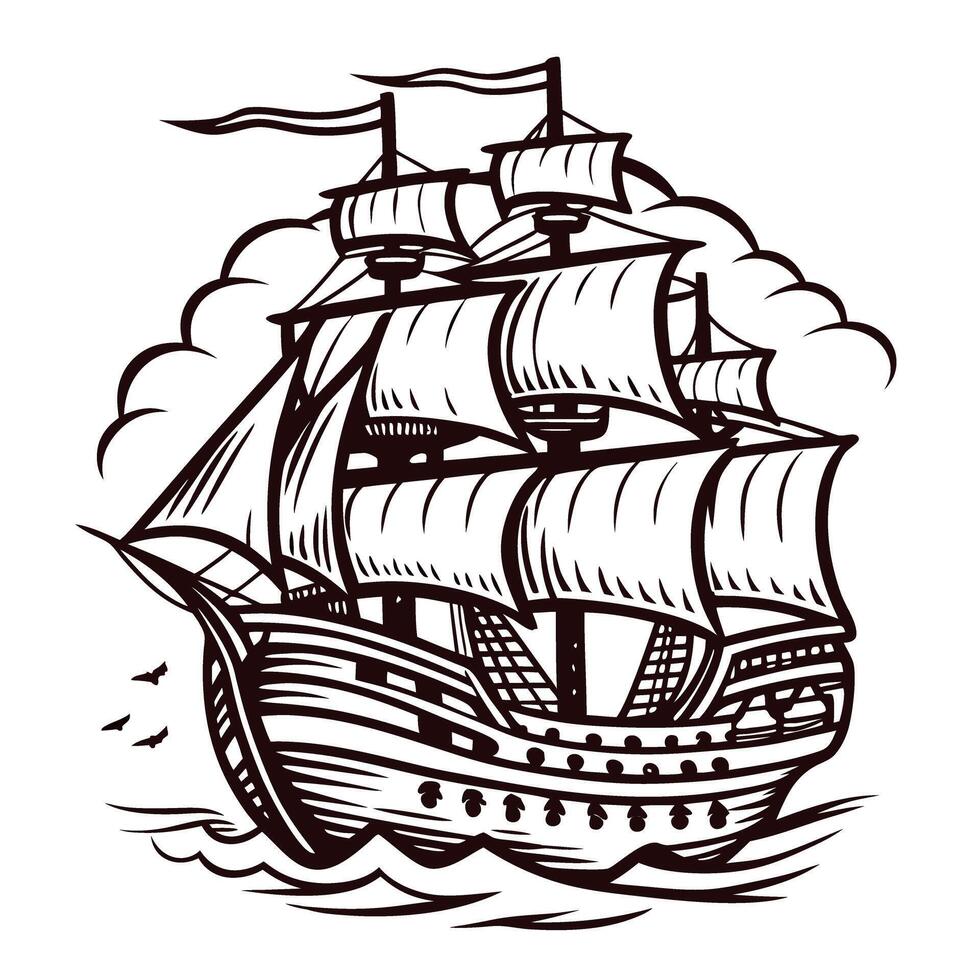 Vintage sailing ship with billowing sails and ocean waves in nautical vector