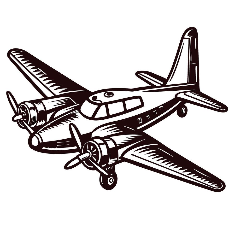Vintage airplane showcasing classic twin engine design in black and white vector