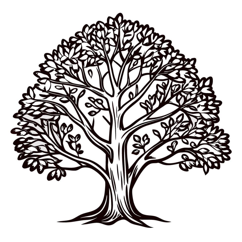 Leafy tree with intricate branch patterns in black and white vector