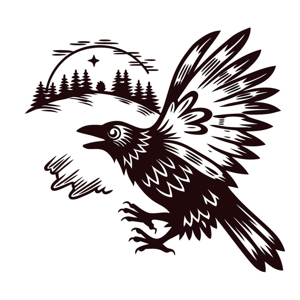 Stylized black raven in flight with forest and moon background vector