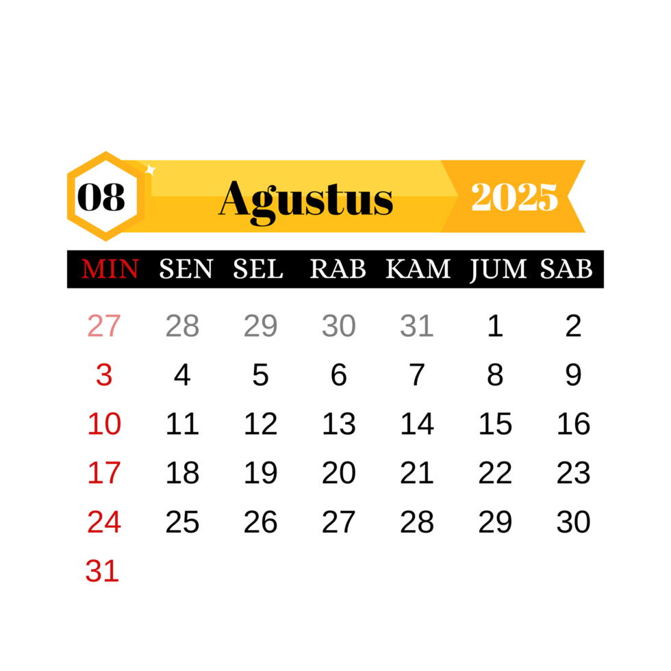 Calendar 2025 august png