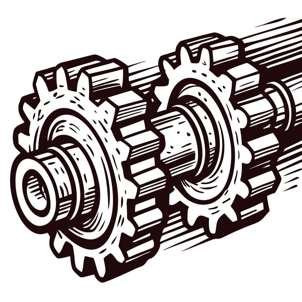Intricate gear mechanism with interlocking cogs in black and white design vector