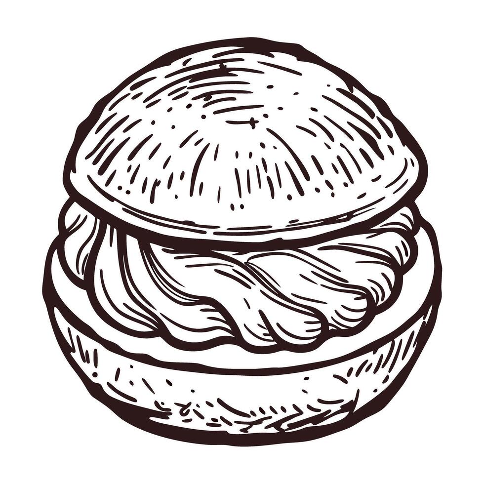 Detailed sketch of a cream filled pastry bun with textured topping vector