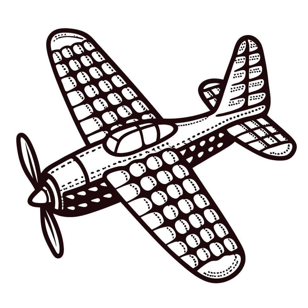 Vintage stippled airplane with propeller and detailed wing pattern vector