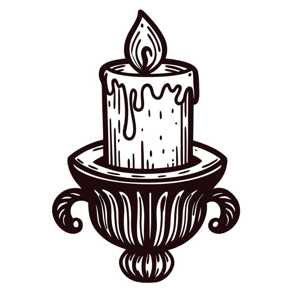 of a lit candle in ornate holder with melting wax dripping down vector