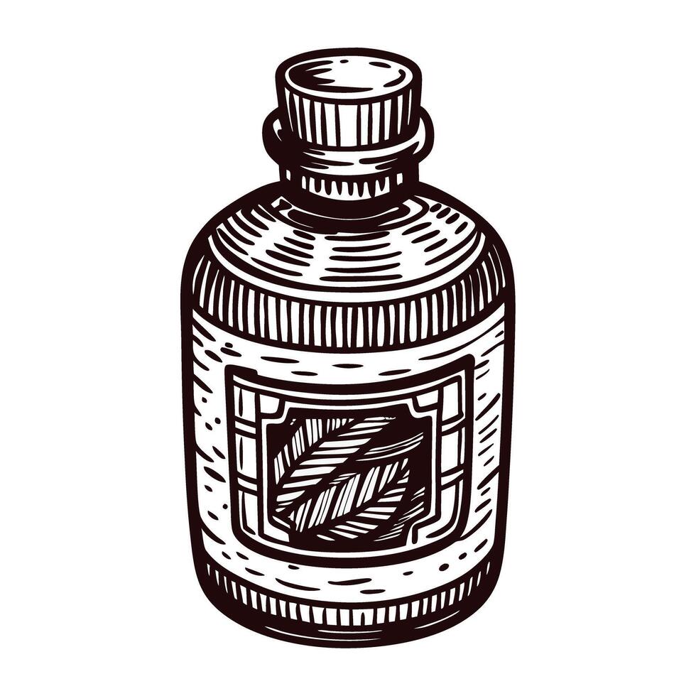Vintage hand drawn glass bottle with decorative label in monochrome design vector