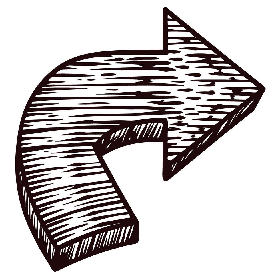 Hand drawn curved black arrow with wood texture design vector