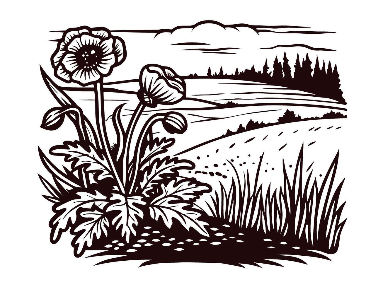 Scenic countryside landscape with wildflowers in front of rolling hills and pine trees under a cloudy sky vector