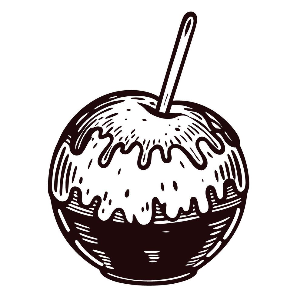 Hand drawn candy apple with stick and caramel drip on white background vector