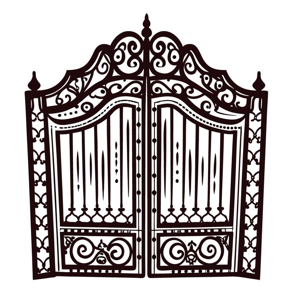 Ornate iron gate with intricate patterns and symmetrical design vector