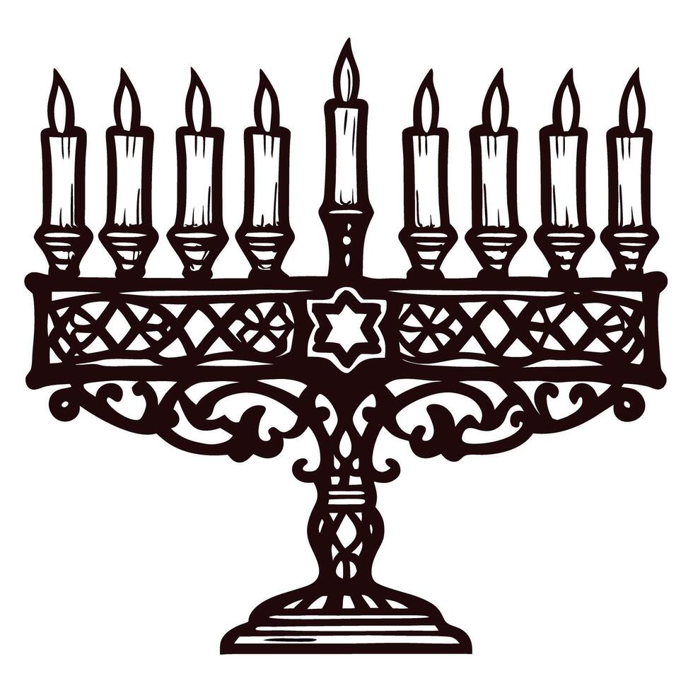 Elegant menorah with nine lit candles in ornate design for hanukkah celebration vector