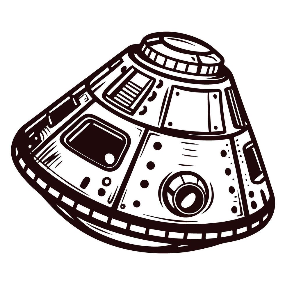 Illustrated spacecraft capsule with detailed panels and windows in monochrome design vector